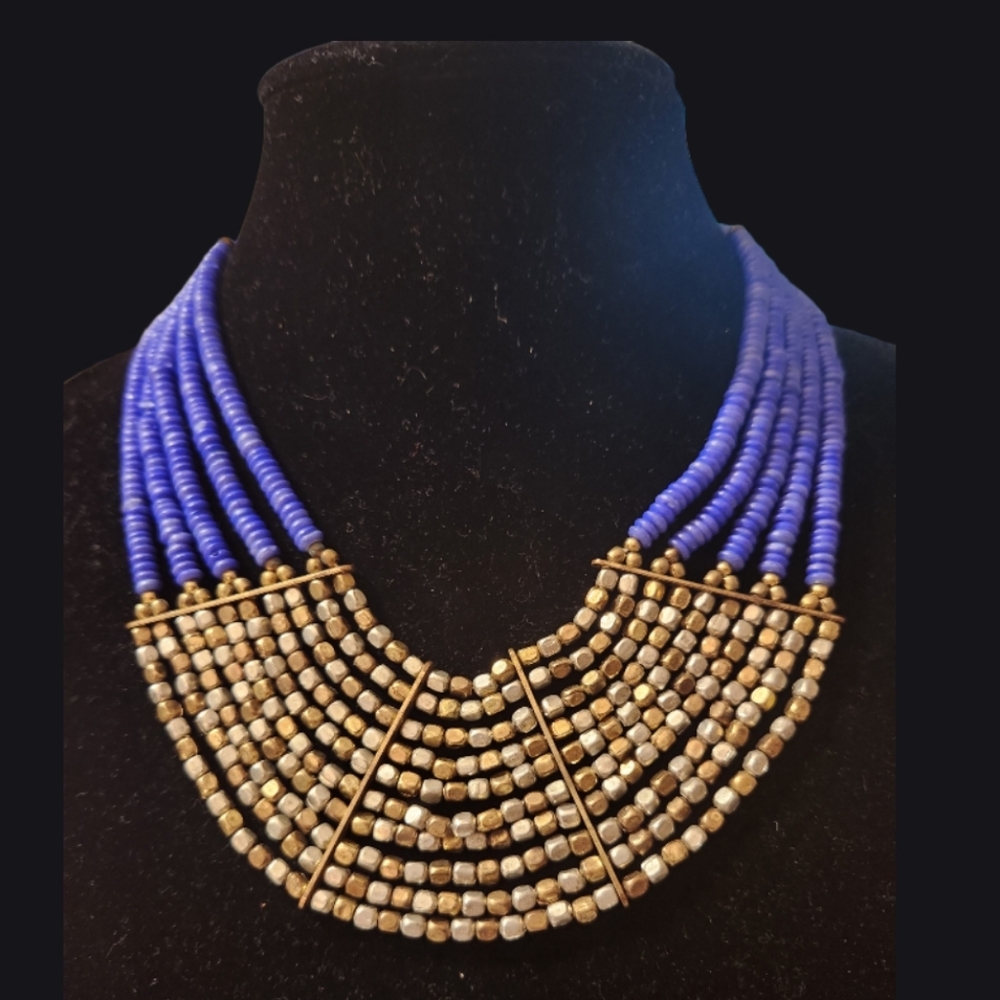 Puka shells royal blue w/sliver&bronze gold beads.Choker bib necklace. - Picture 1 of 6